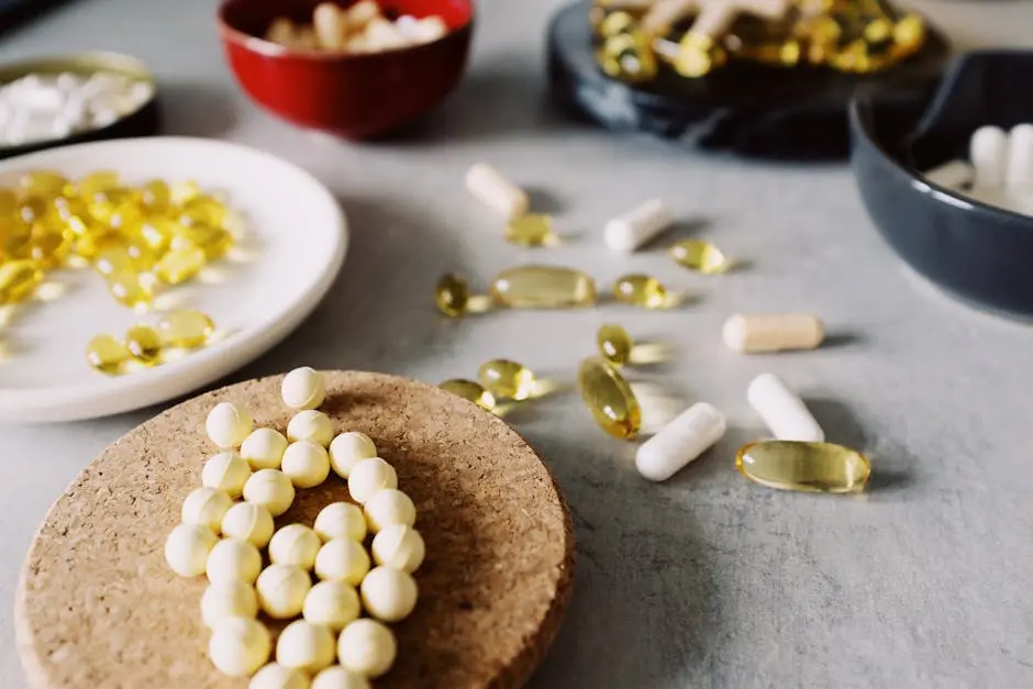 Close-up of assorted pills, capsules, and supplements on a marble surface, emphasizing healthcare and wellness.