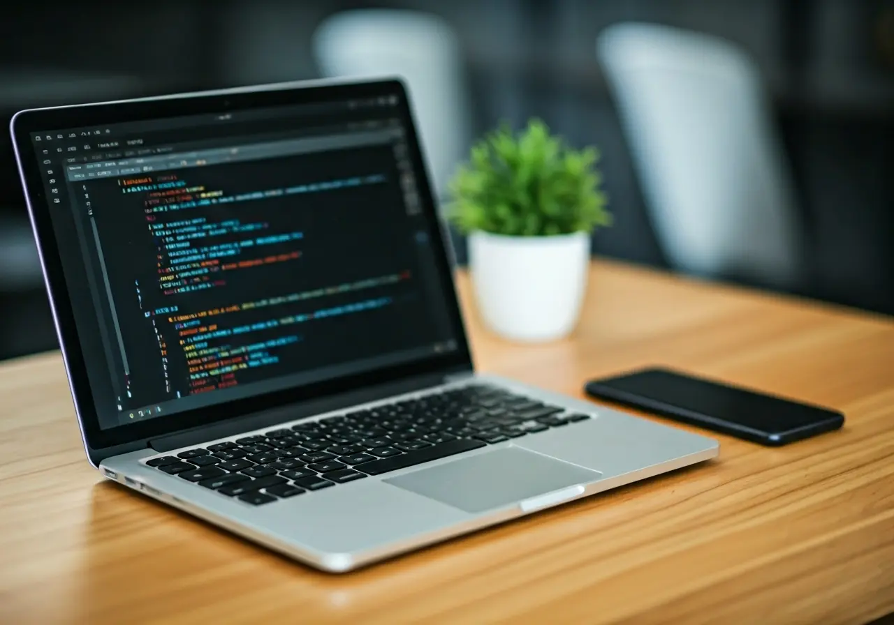 A laptop displaying app development code alongside a smartphone. 35mm stock photo