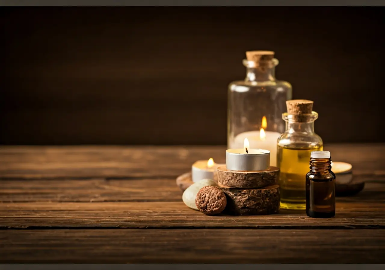 A serene spa setting with essential oils and candles. 35mm stock photo