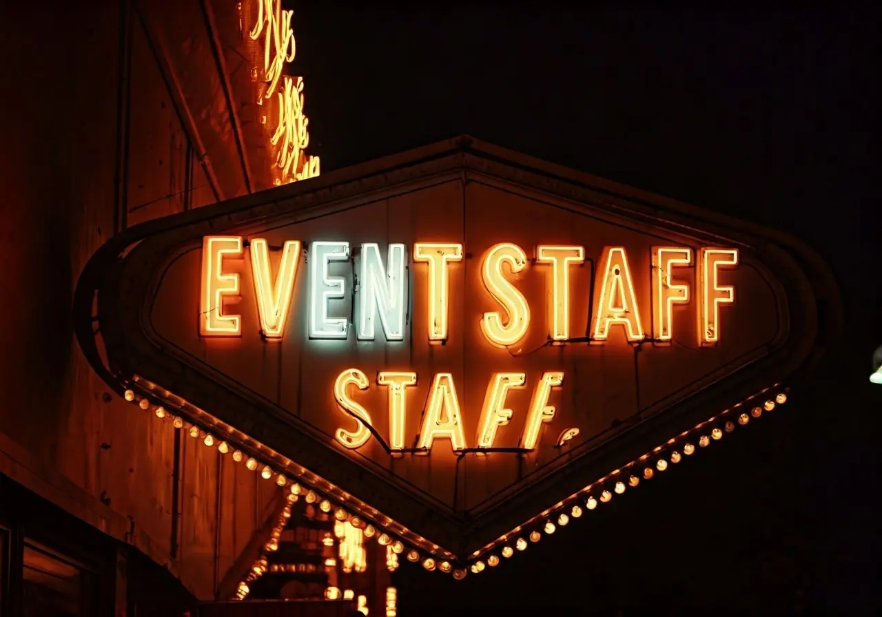 Bright, neon-lit sign reading ‘Event Staff’ in Las Vegas. 35mm stock photo