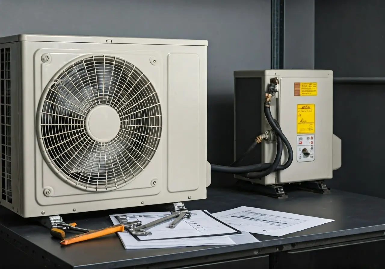 An air conditioning unit with tools and a maintenance checklist. 35mm stock photo