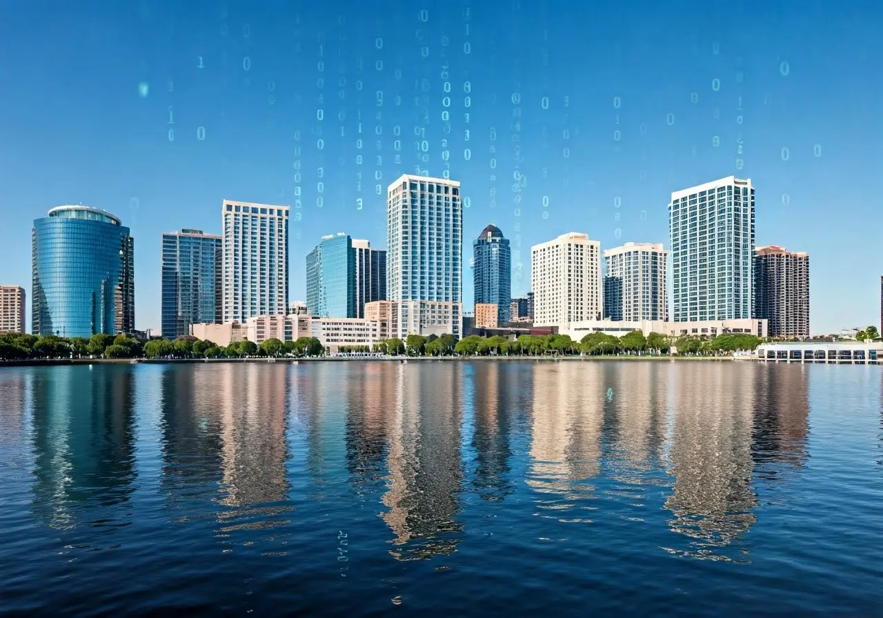 A skyline of Orlando with digital code overlay. 35mm stock photo