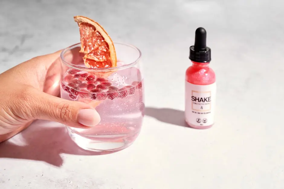 A hand holding a refreshing non-alcoholic drink with citrus and pomegranate, perfect for summer relaxation.