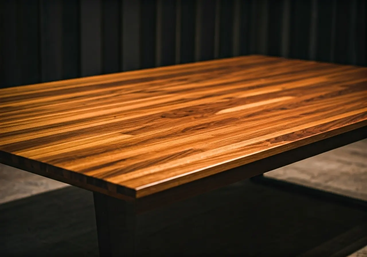 A sleek wooden coffee table with intricate geometric patterns. 35mm stock photo