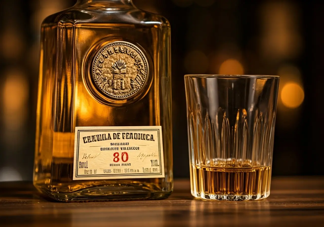 A close-up of a bottle of aged tequila and glass. 35mm stock photo