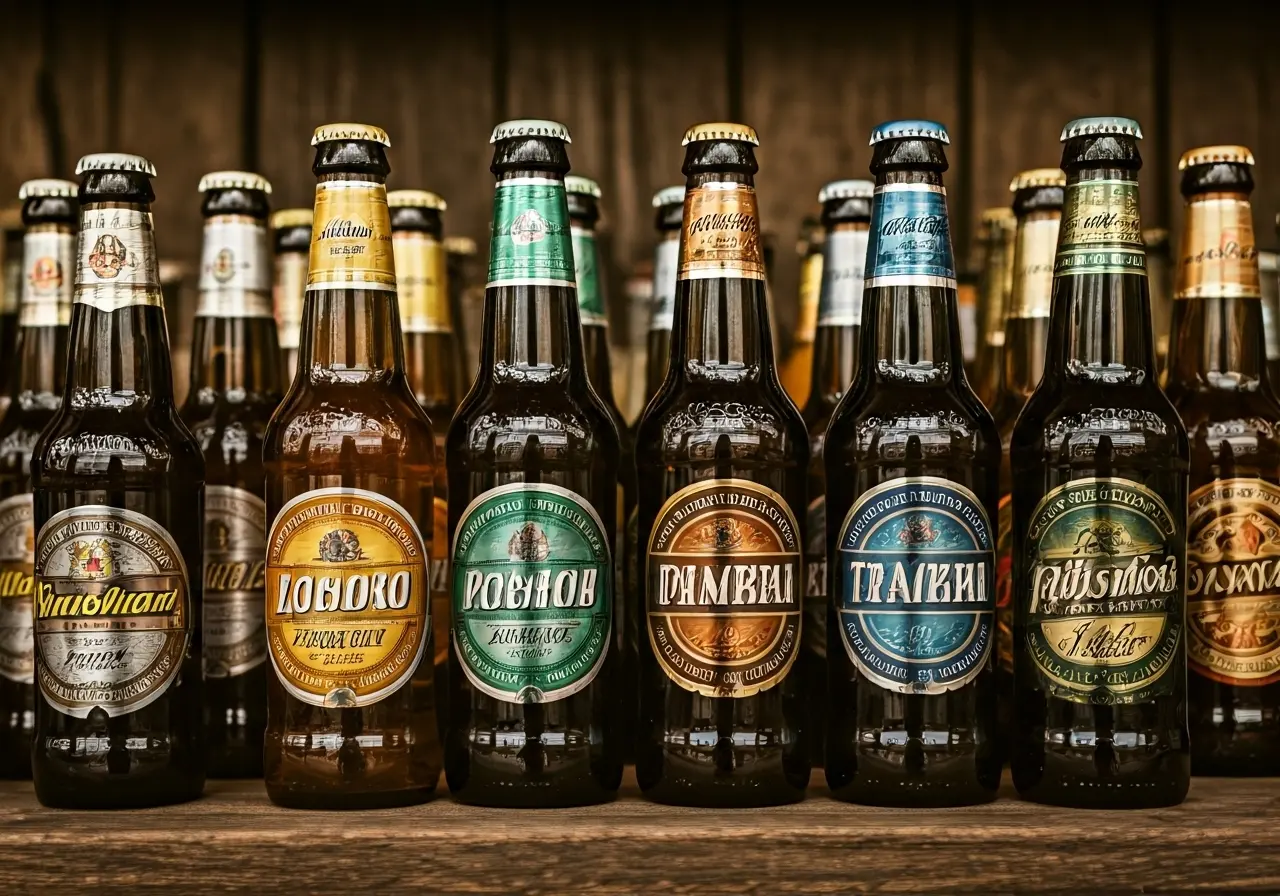A variety of colorful non-alcoholic beer bottles on display. 35mm stock photo