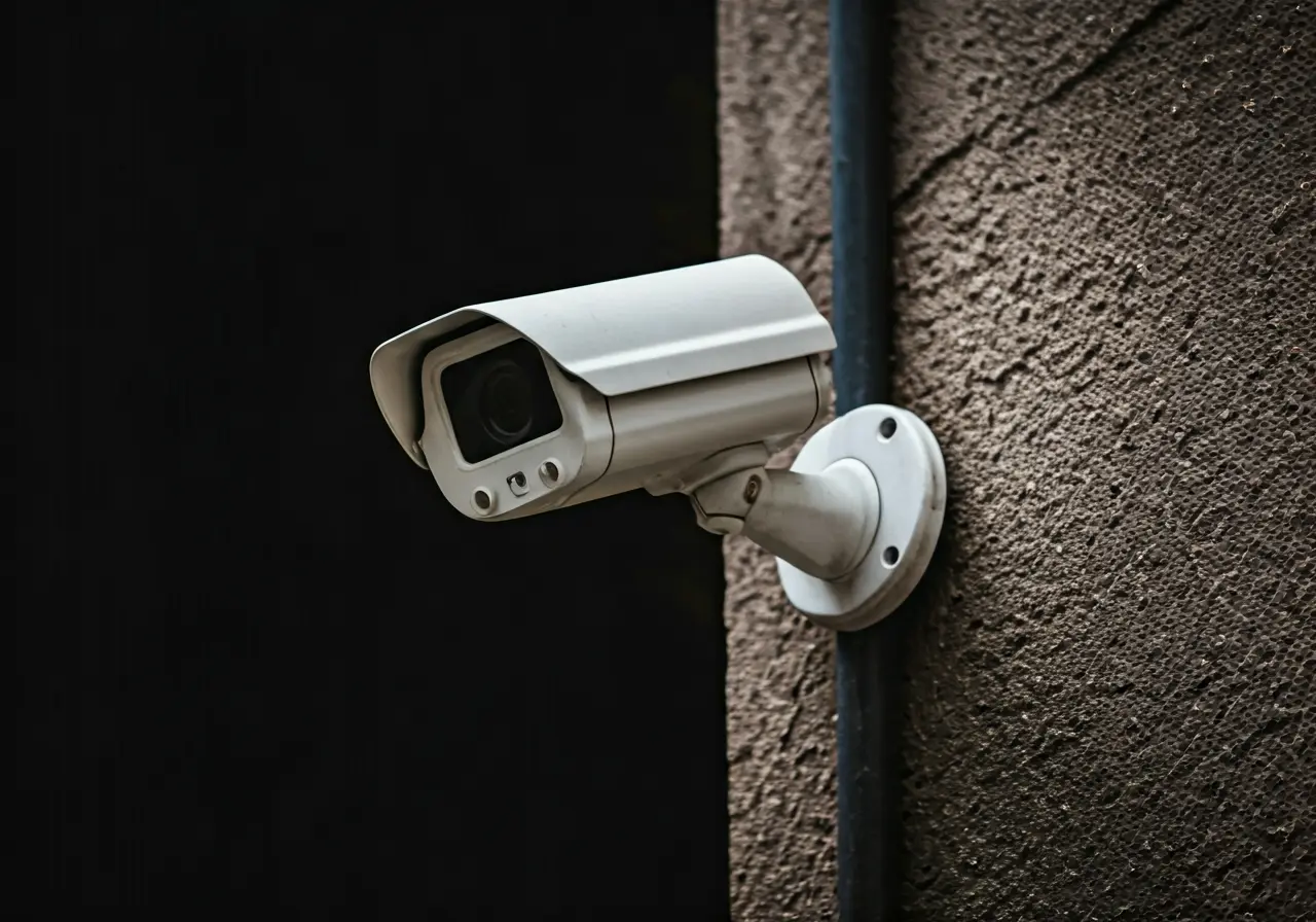 A modern security camera mounted on an exterior wall. 35mm stock photo