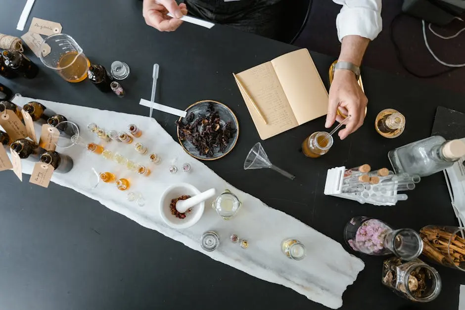 Overhead view of artisan crafting perfume using natural ingredients at a worktable.