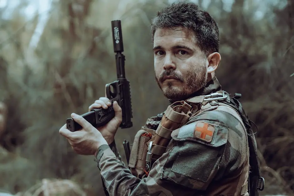 A soldier in tactical gear holds a weapon in a dense jungle environment, ready for action.