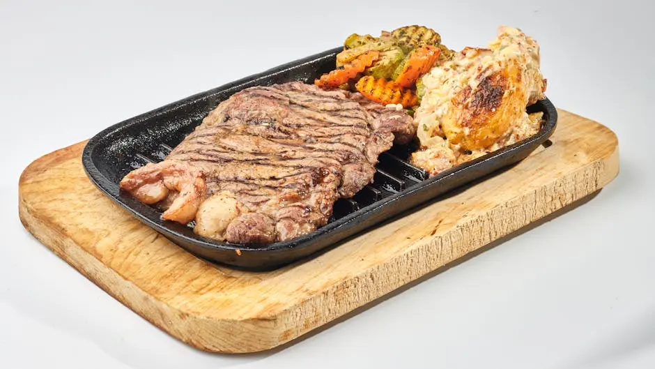 Sizzling grilled steak served with colorful roasted vegetables on a wooden board.