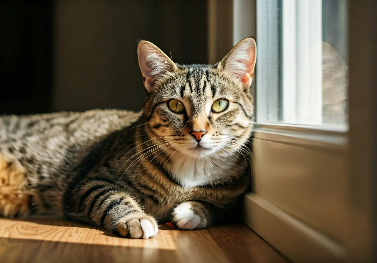 A cozy cat lounging by a sunny window in a home. 35mm stock photo