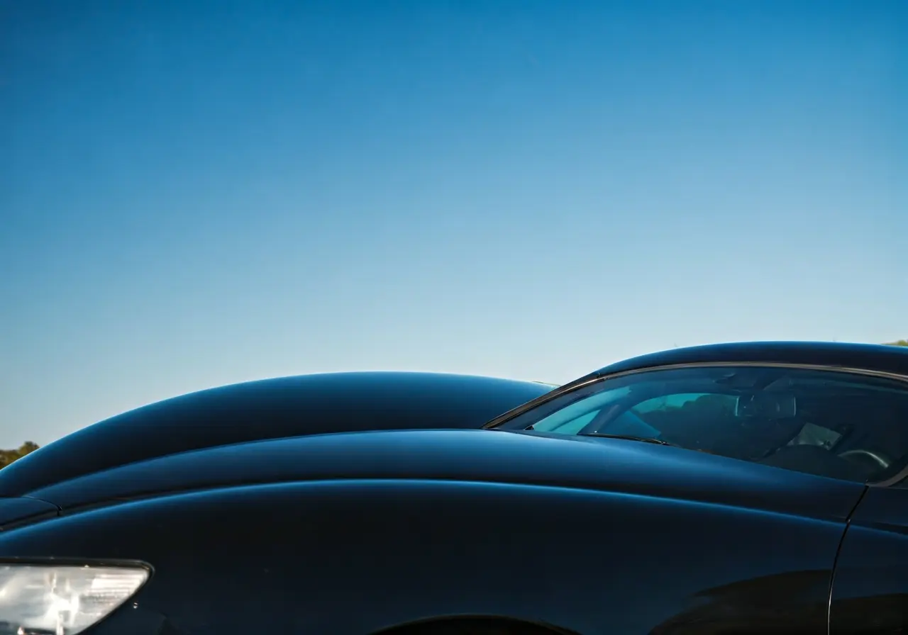 A shiny, clean car under a clear blue sky. 35mm stock photo