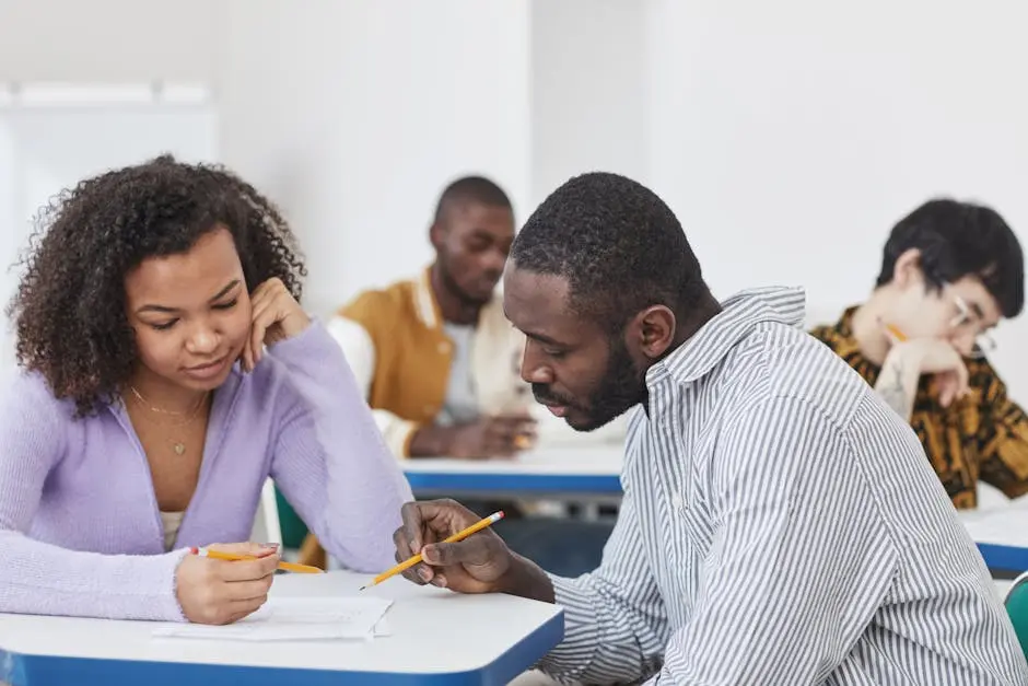 A diverse group of students collaborating in an educational environment, focusing on their assignments.