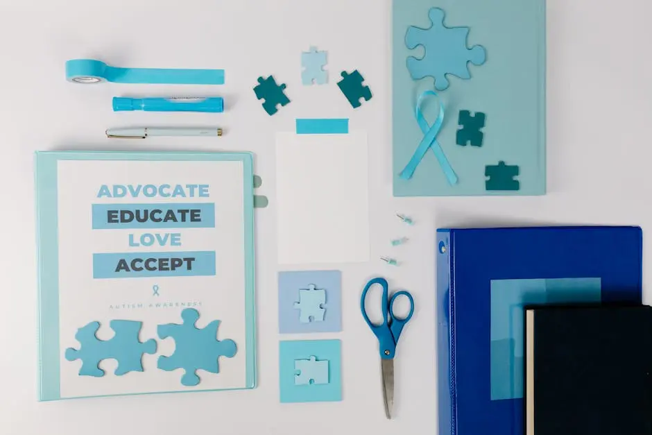 A flat lay composition showcasing autism awareness tools with blue puzzle pieces and stationery.