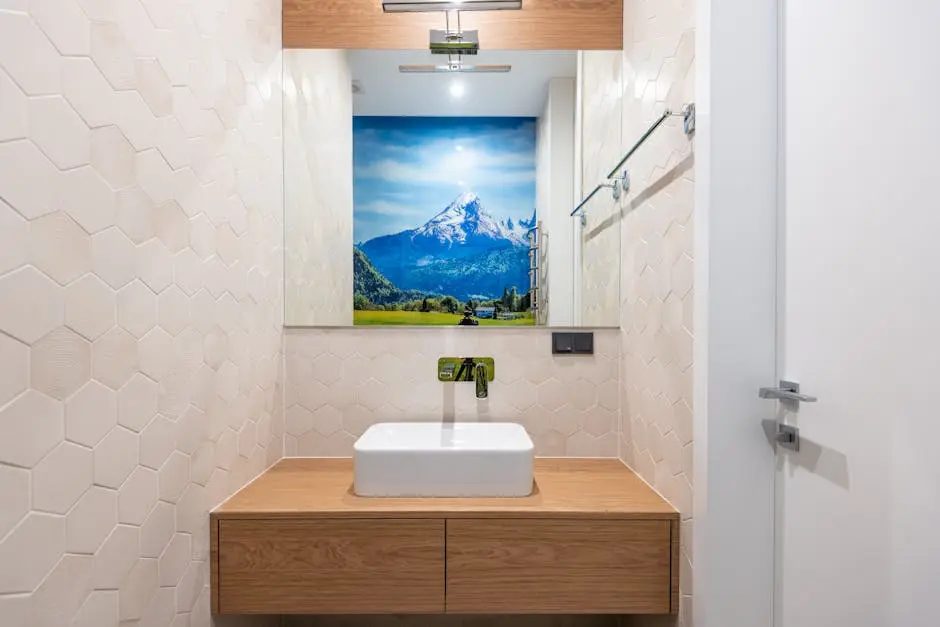 Contemporary bathroom design featuring a wooden vanity and scenic mountain artwork reflecting in a mirror.