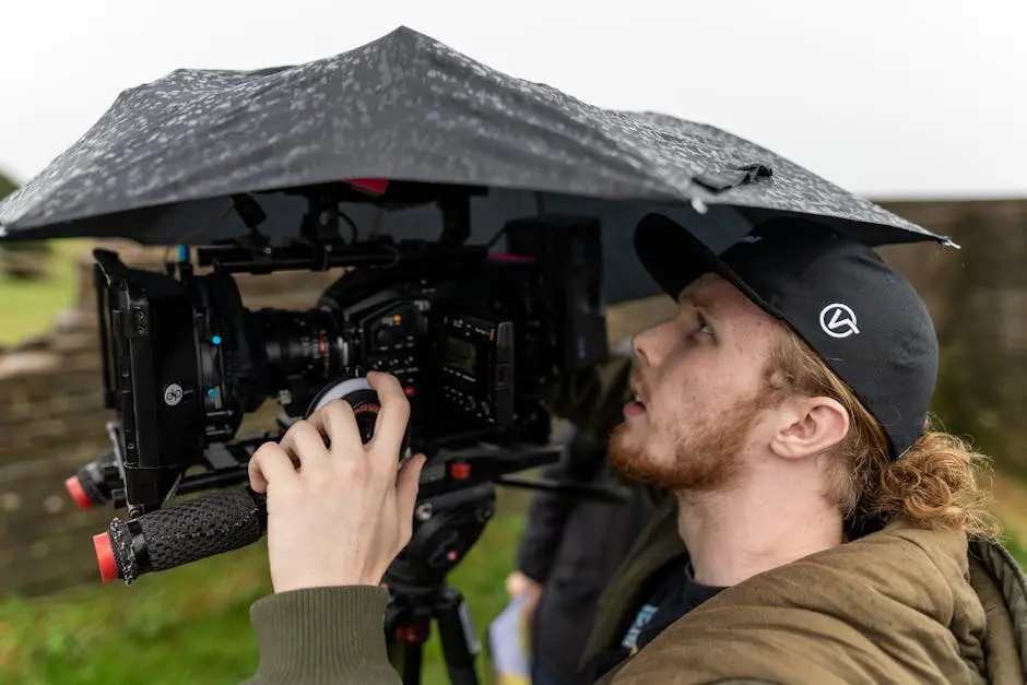 A cameraman adjusting equipment under an umbrella during an outdoor shoot in the rain.