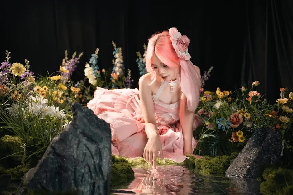 A fantasy-inspired portrait of a woman with pink hair dressed as a fairy surrounded by vibrant flowers.