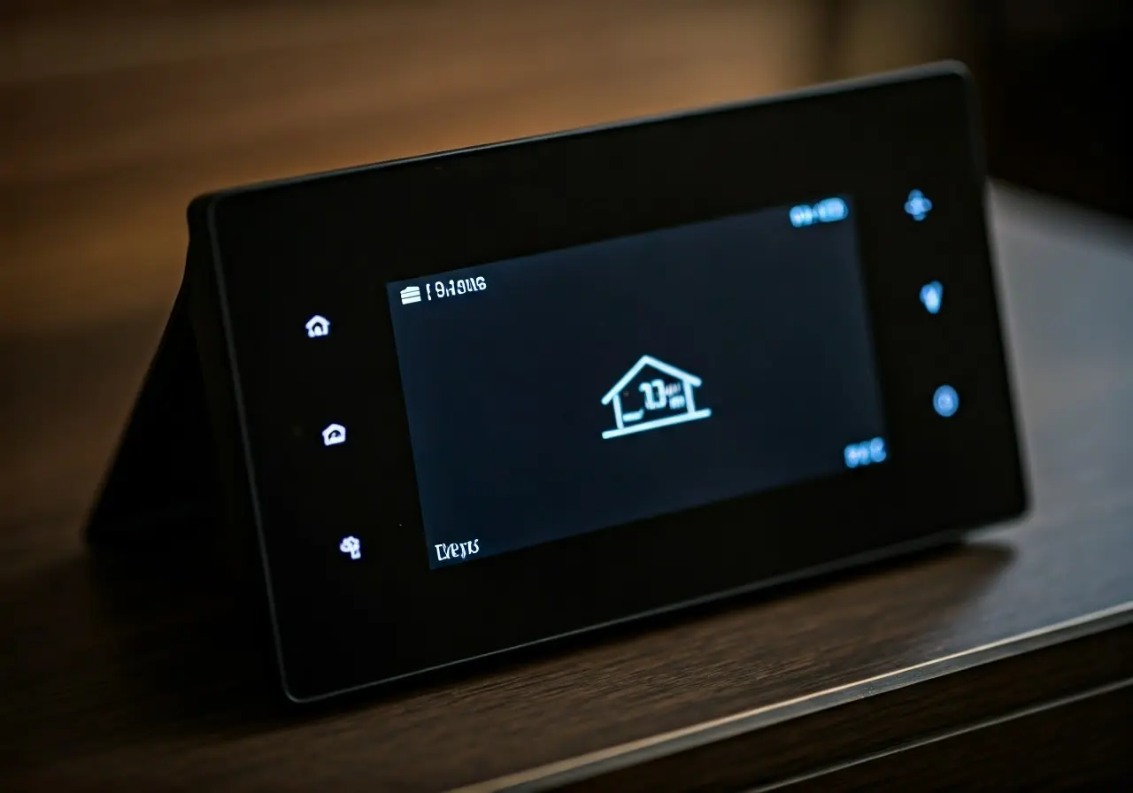 A sleek smart home control panel with vivid digital display. 35mm stock photo