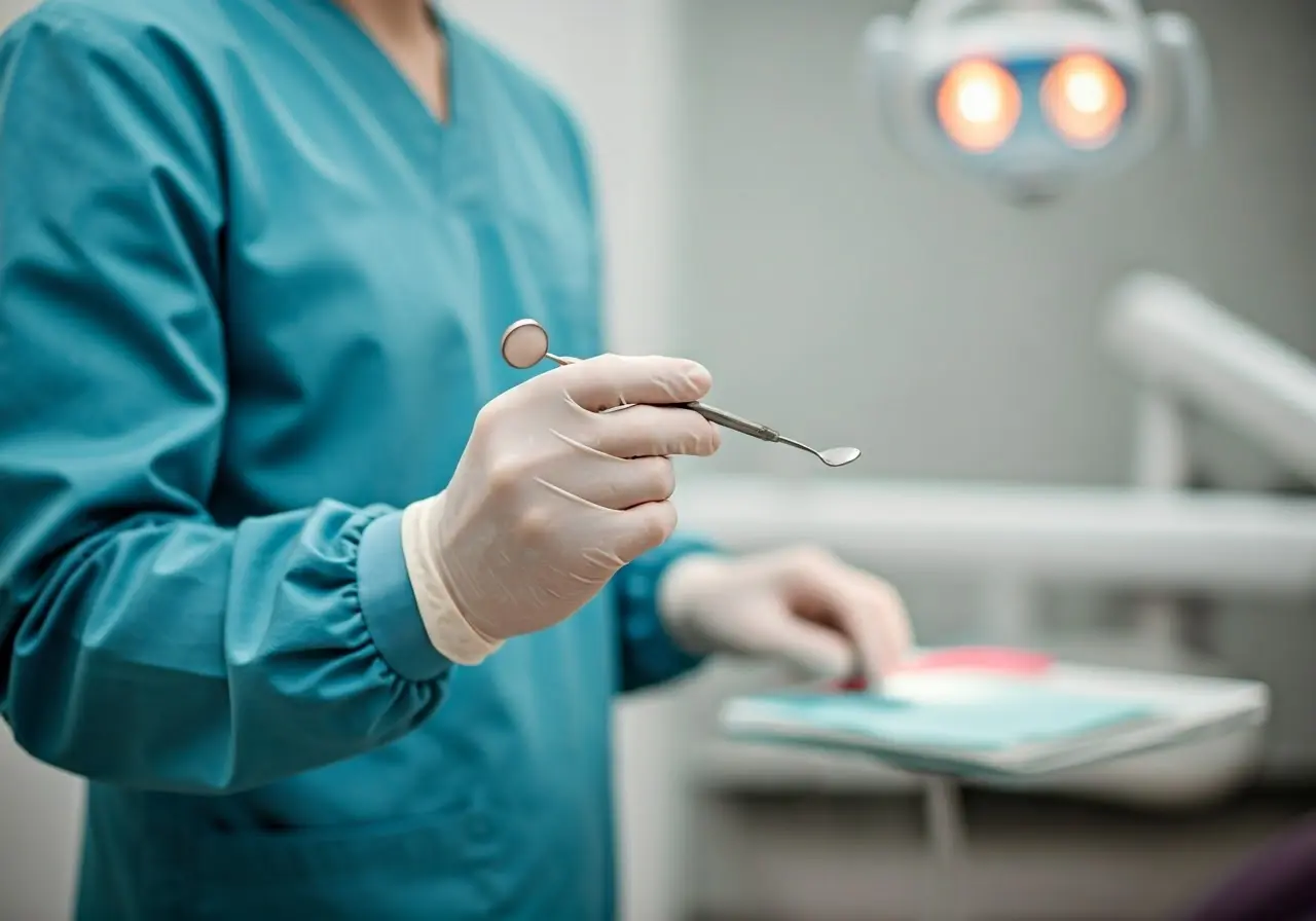 Dentist holding dental tools in a well-lit clinic. 35mm stock photo