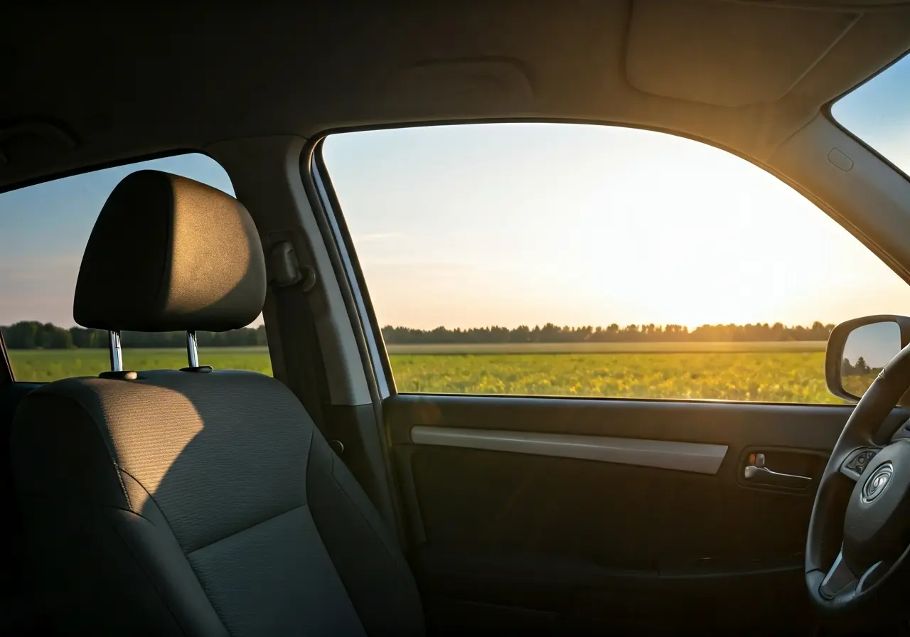 A car interior with tinted windows and sunlit scenery. 35mm stock photo