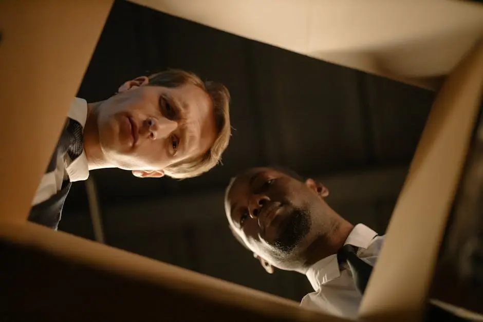 Two serious men peering into a box, showcasing a collaborative investigation scene.