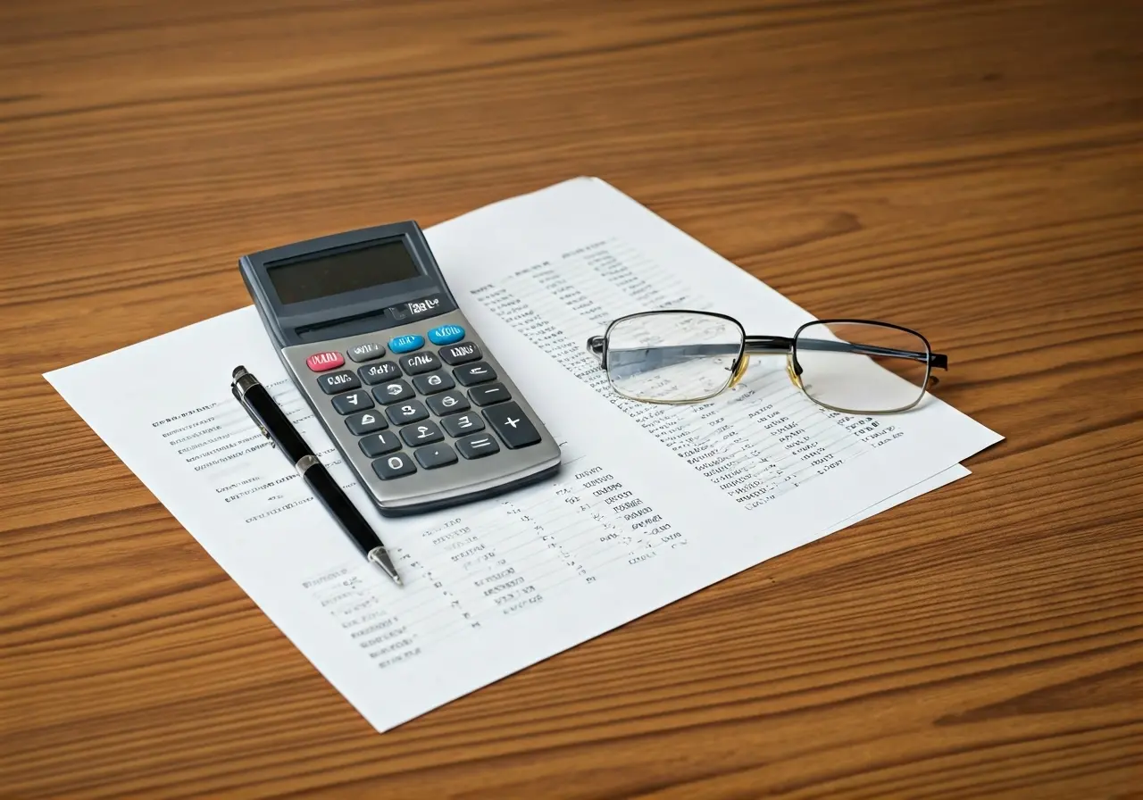 A calculator, financial documents, and glasses on a wooden desk. 35mm stock photo
