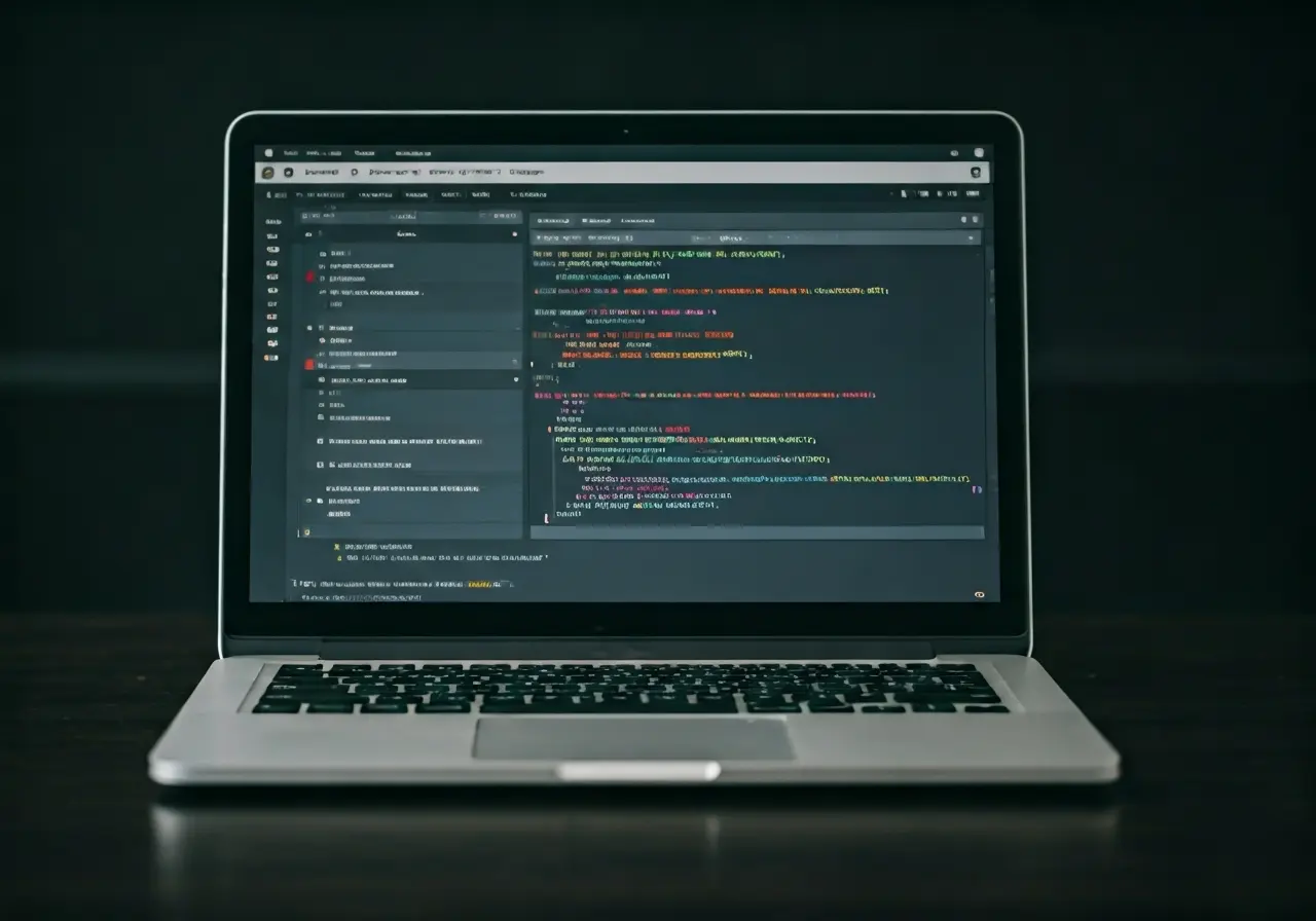 A laptop displaying a colorful app interface with code editor. 35mm stock photo
