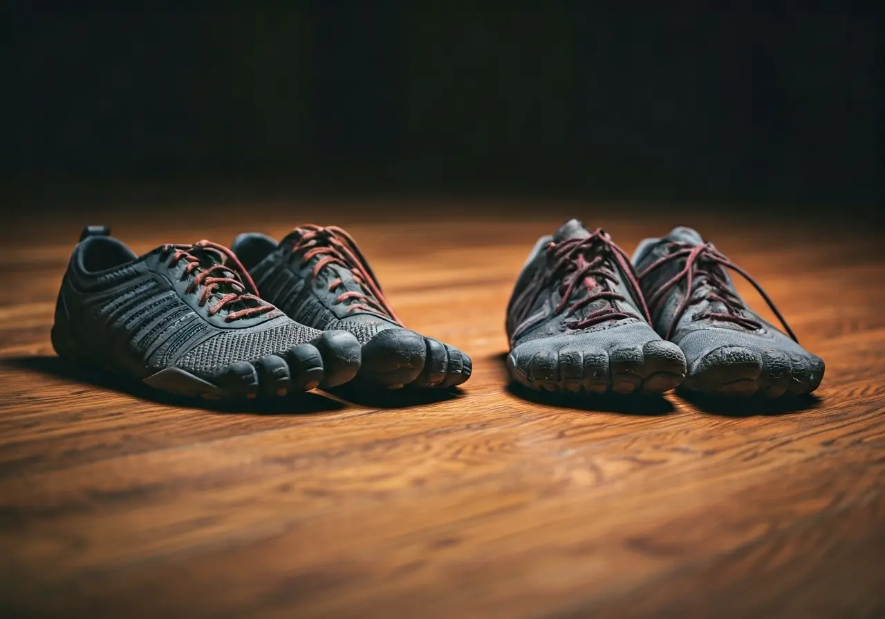 Close-up of various barefoot trail shoes on wooden floor. 35mm stock photo