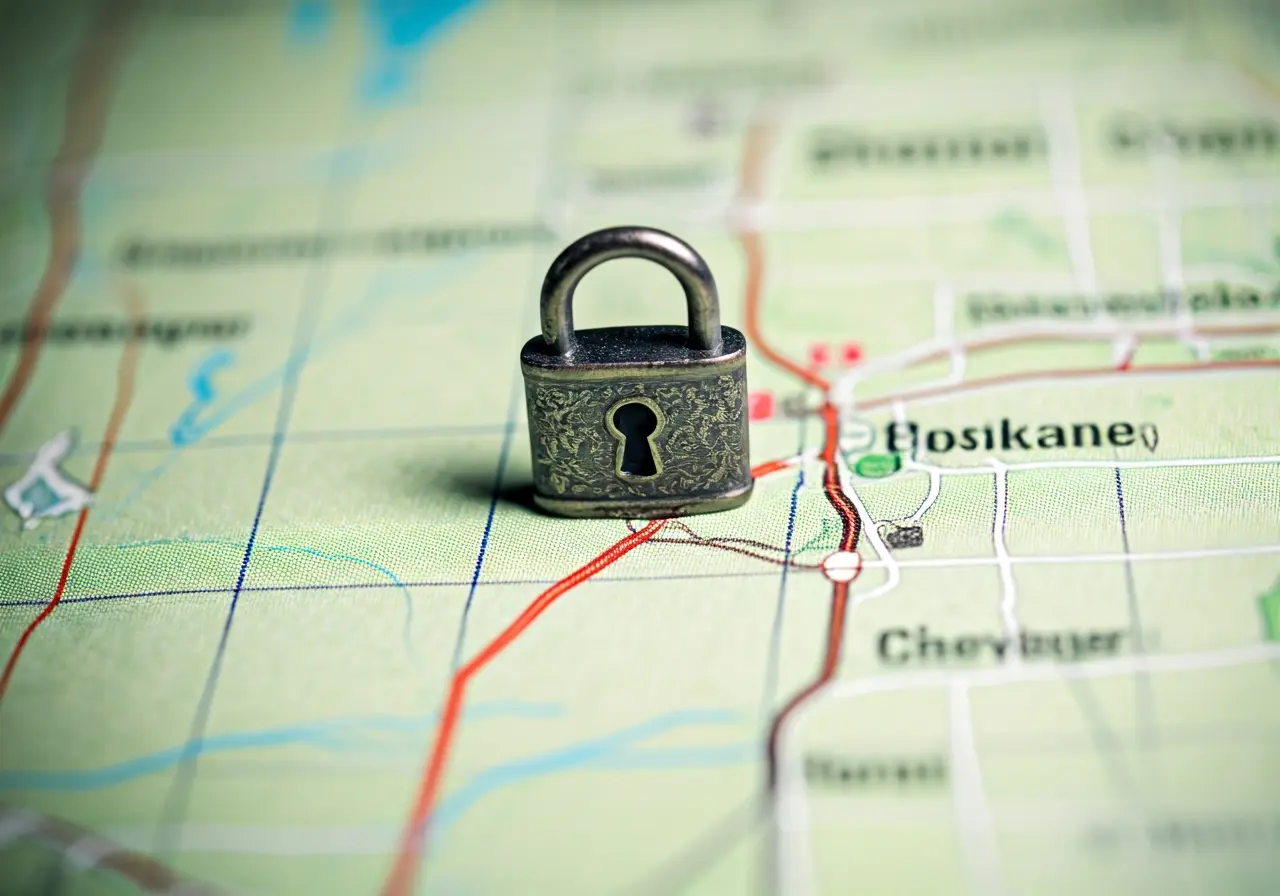 A lock symbol on a digital map of Spokane. 35mm stock photo