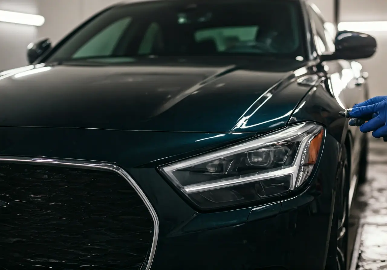 A shiny car being coated with a ceramic sealant. 35mm stock photo