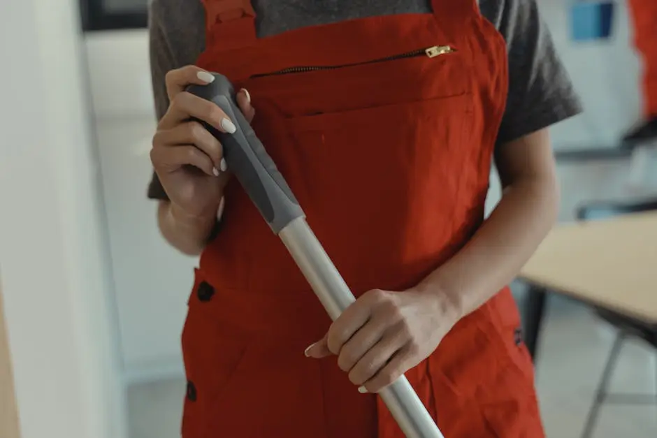A woman in a red apron holding a mop handle, performing cleaning indoors.