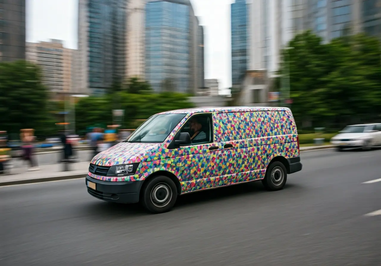 A brightly wrapped van driving through a bustling city street. 35mm stock photo