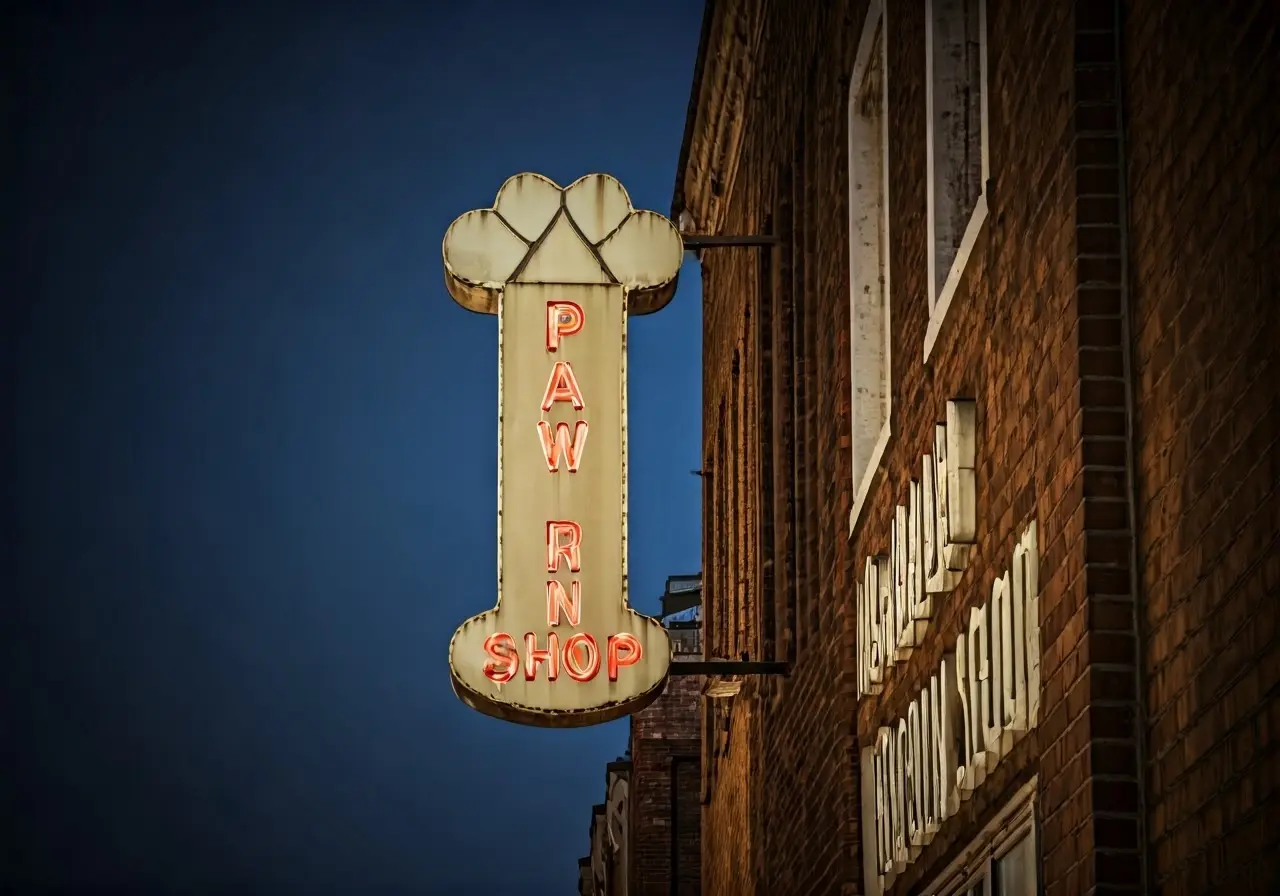 A close-up of a pawn shop sign against a building. 35mm stock photo