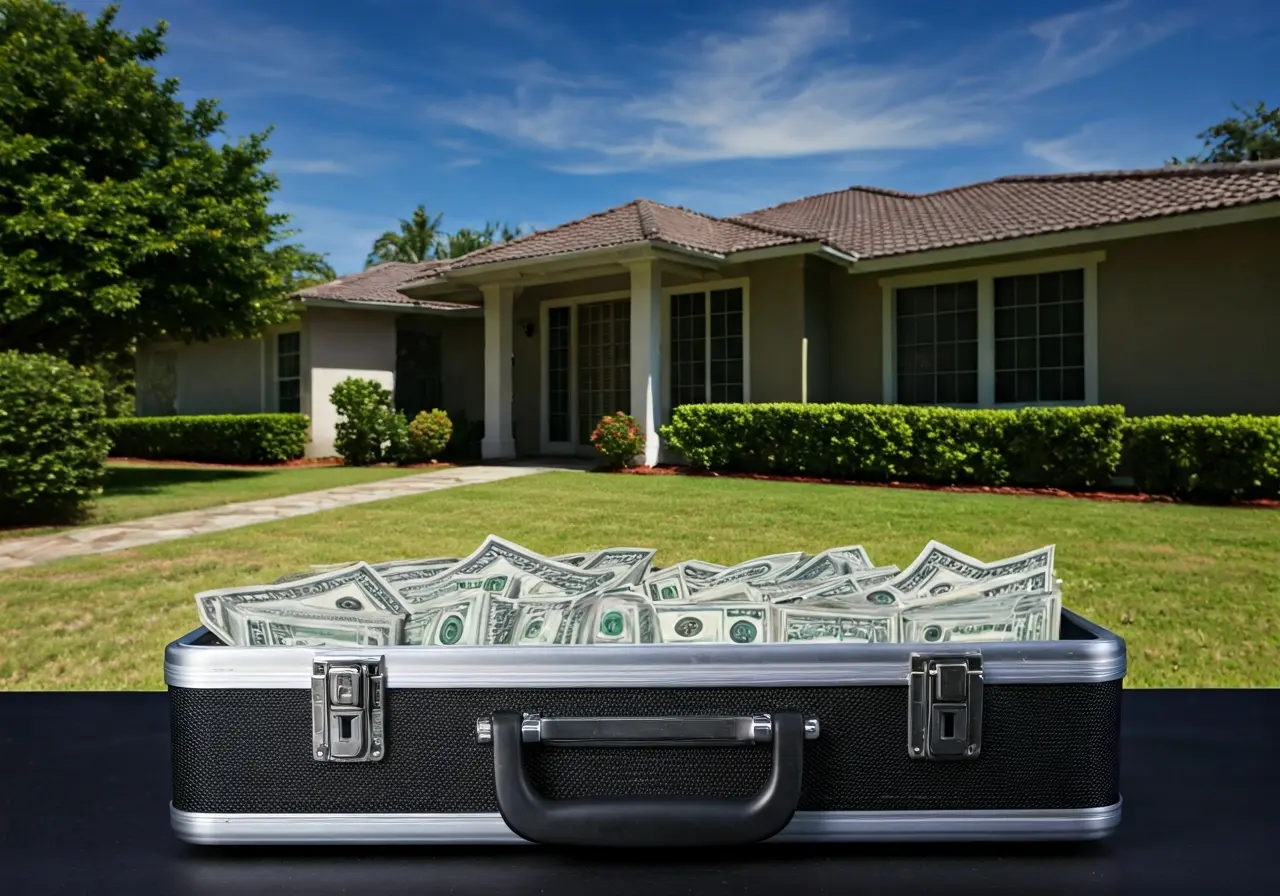 A cash-filled briefcase in front of a Tampa home. 35mm stock photo