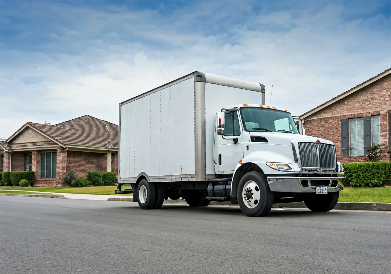 A moving truck parked in front of a suburban home. 35mm stock photo