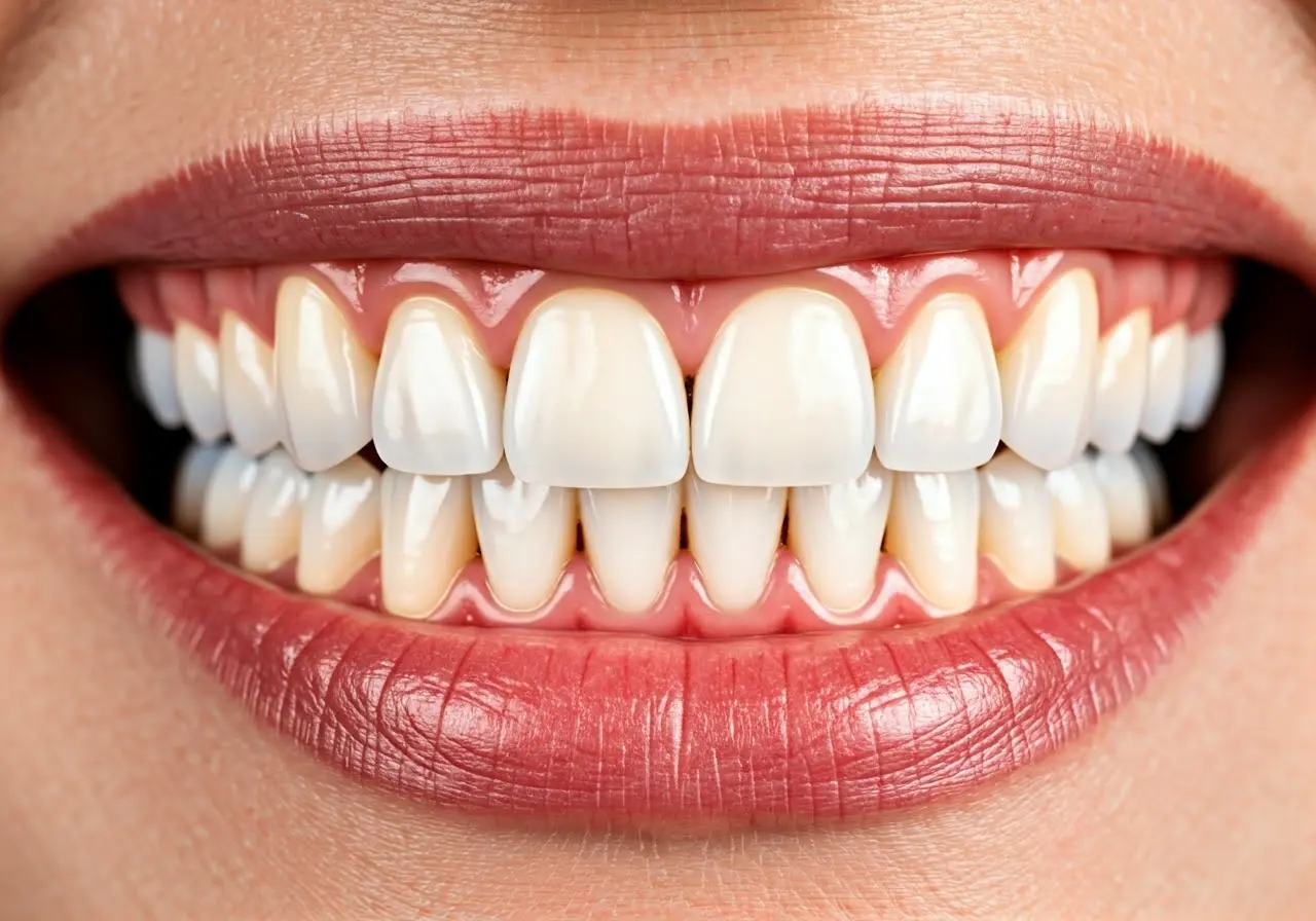 Close-up of shiny dental implants and a healthy smile. 35mm stock photo