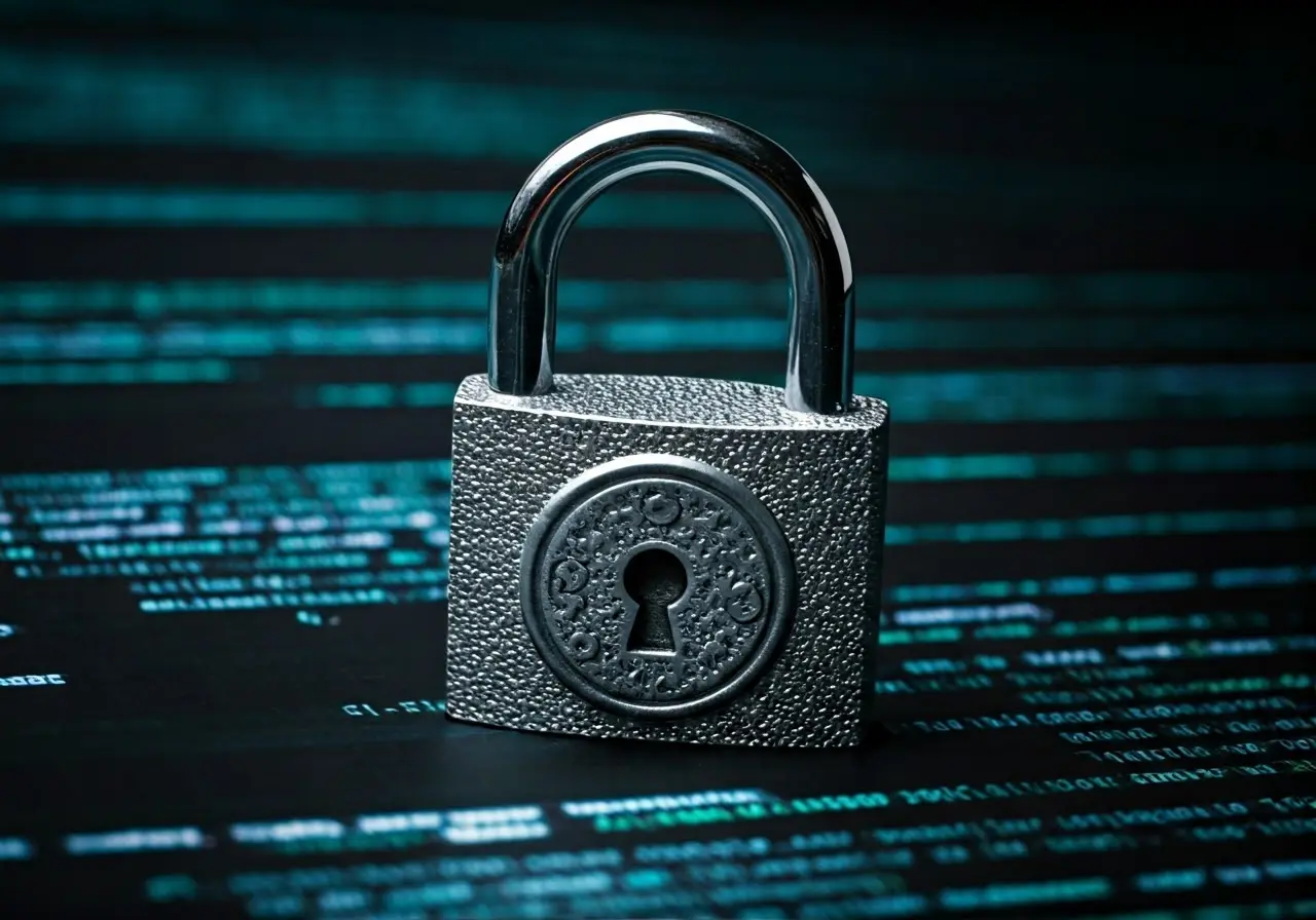 A padlock symbol against a backdrop of digital code. 35mm stock photo