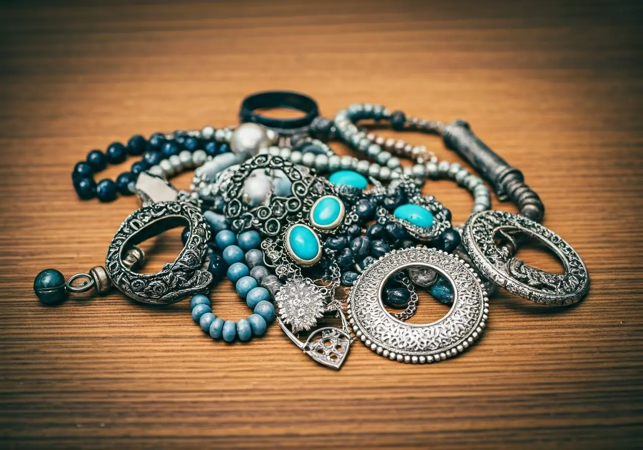 A pile of assorted vintage jewelry on a wooden table. 35mm stock photo