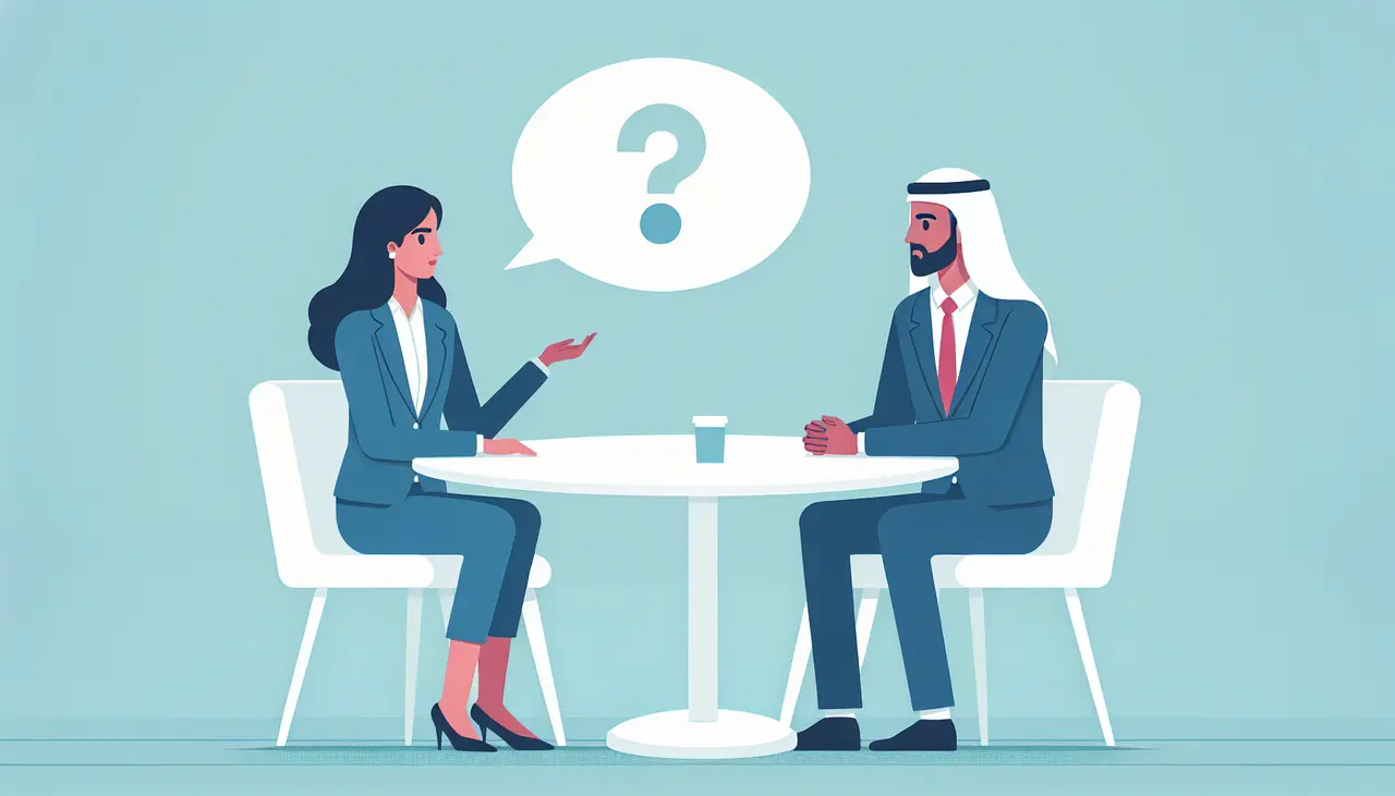 Draw a graphic in flat design style. A minimalist image of two business professionals having a discussion at a table, with a thought bubble containing a question mark above one person&rsquo;s head, set against a light blue background.