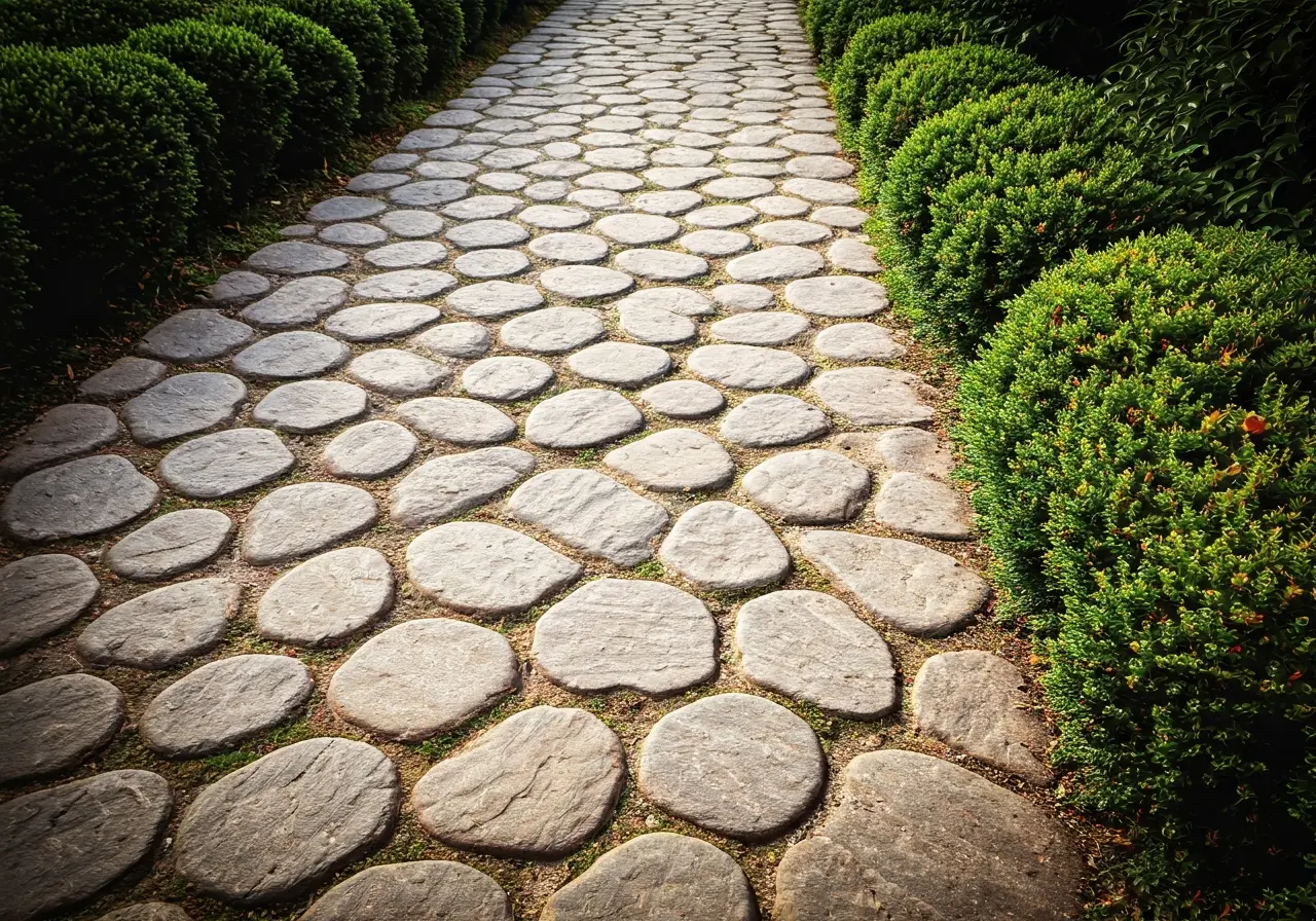 A close-up of a beautifully crafted stone garden path. 35mm stock photo