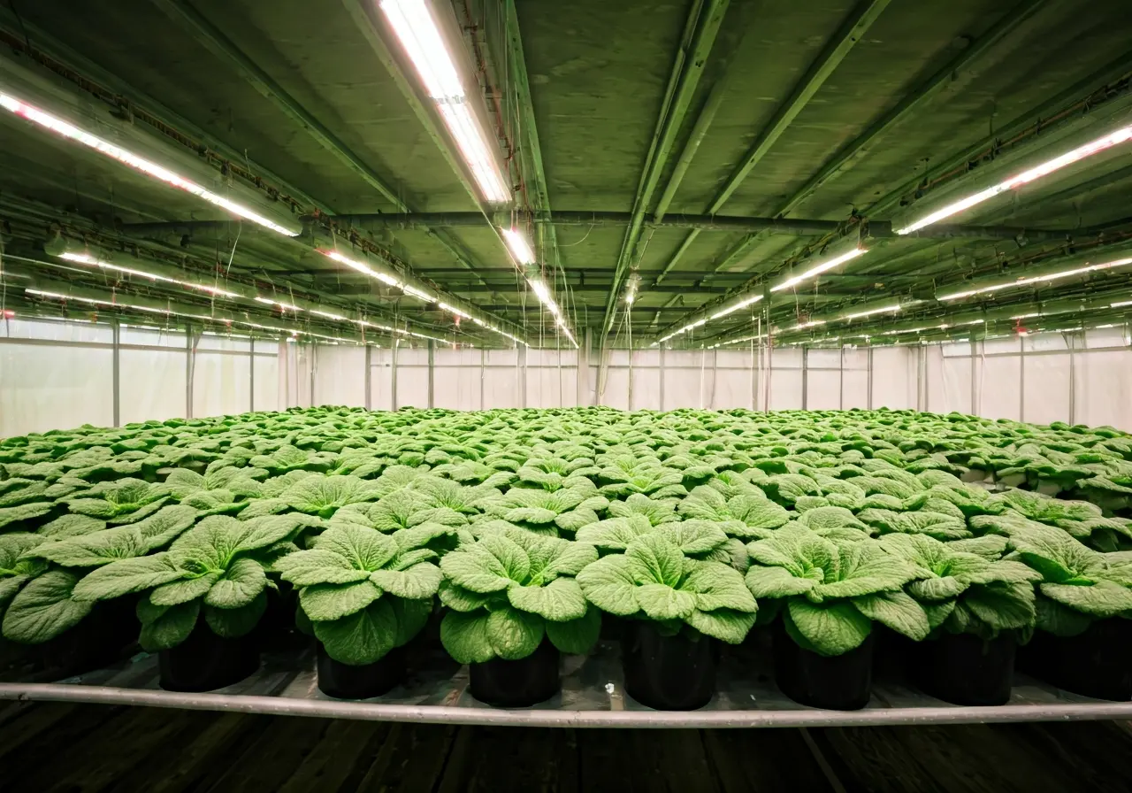 Greenhouse filled with lush plants under LED grow lights. 35mm stock photo