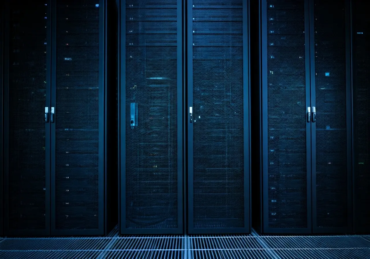 A secure server room filled with glowing computer equipment. 35mm stock photo