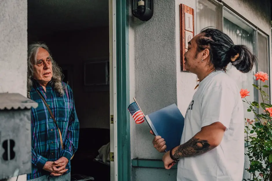 A volunteer engages with a resident during a door-to-door campaign, fostering community interaction.