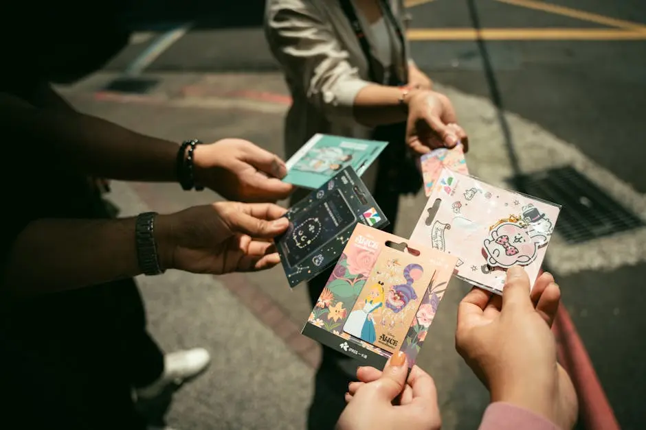 A group exchanging vibrant stationery cards outdoors on a sunny day in Taiwan.