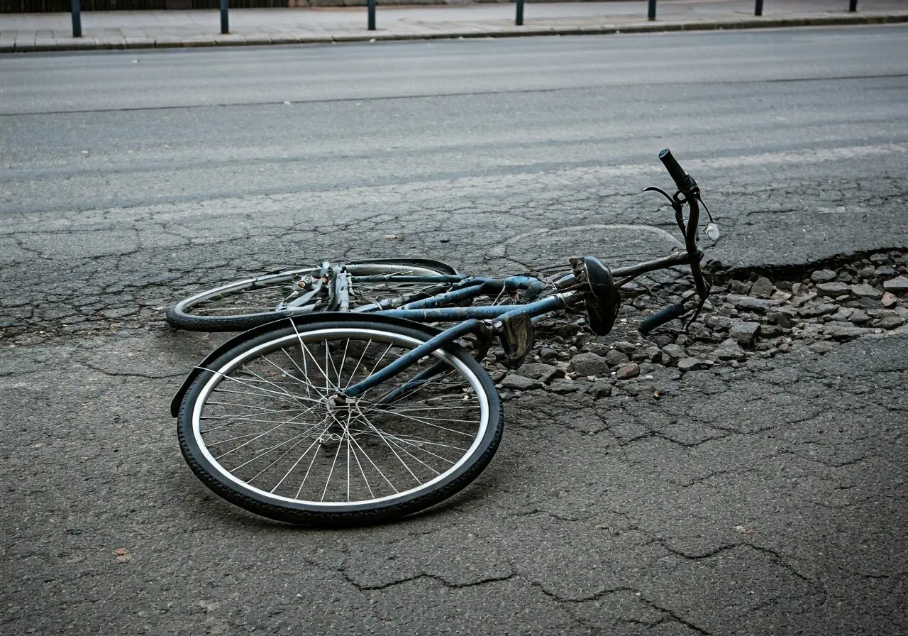 A bicycle lying in the street beside a pothole. 35mm stock photo