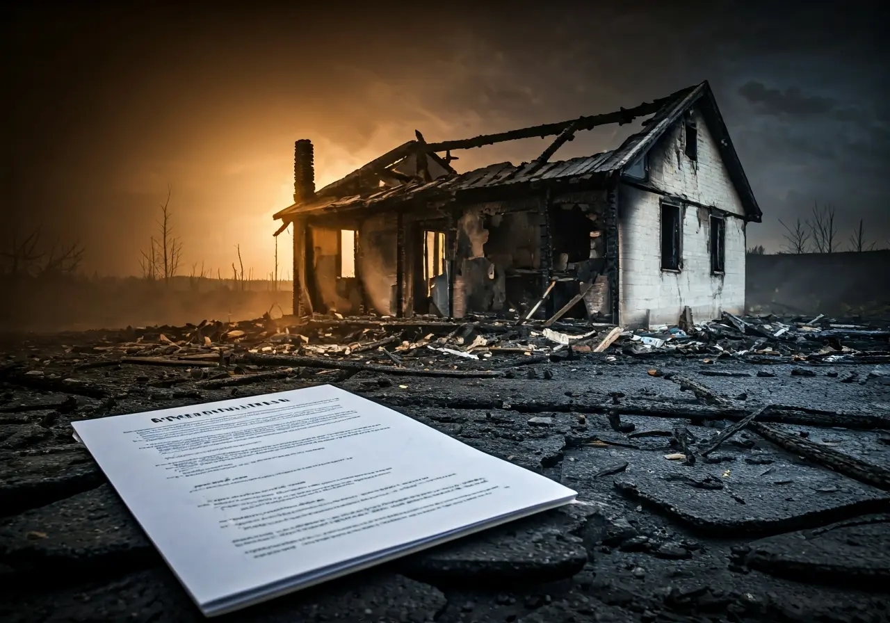 A burned-out house with a fire insurance document nearby. 35mm stock photo