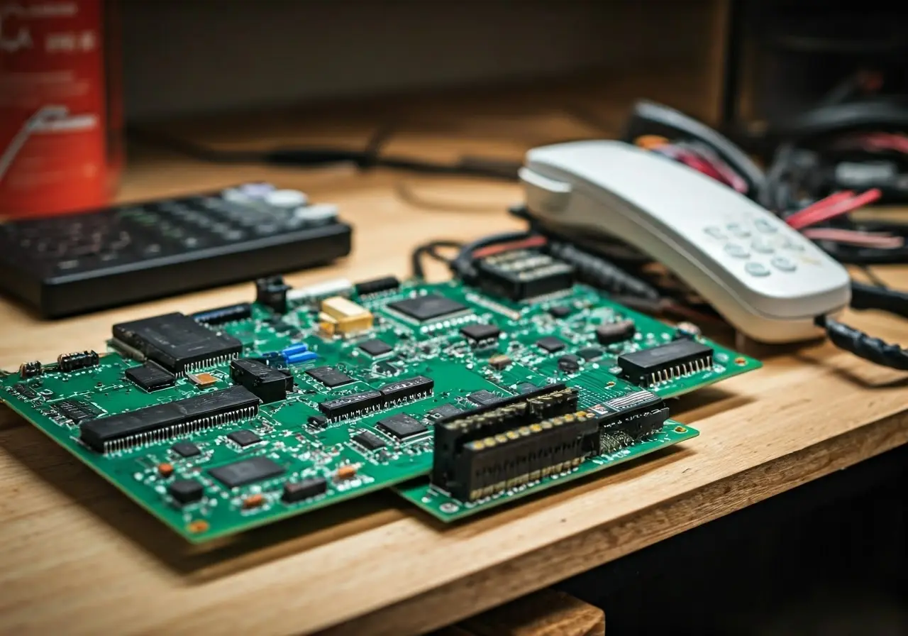 Close-up of various intercom system components on a workbench. 35mm stock photo