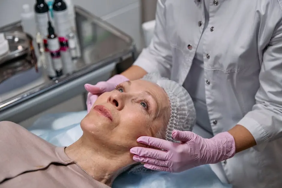 A mature woman in a spa receiving a relaxing facial treatment from a professional in a medical clinic setting.