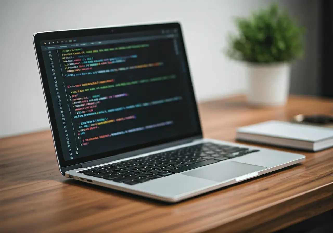 A laptop displaying app development code on a desk. 35mm stock photo