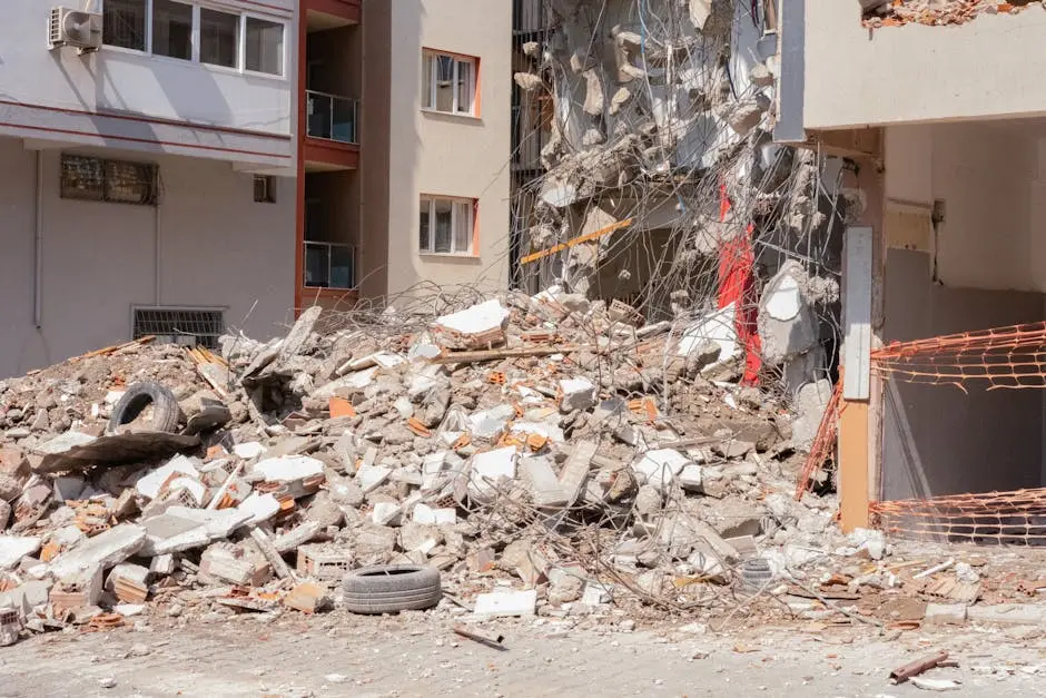Pile of debris and rubble after demolition in an urban area in İzmir, T&uuml;rkiye.